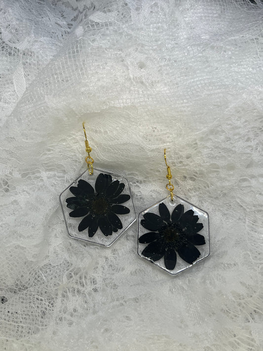 Black flower dangle earrings
