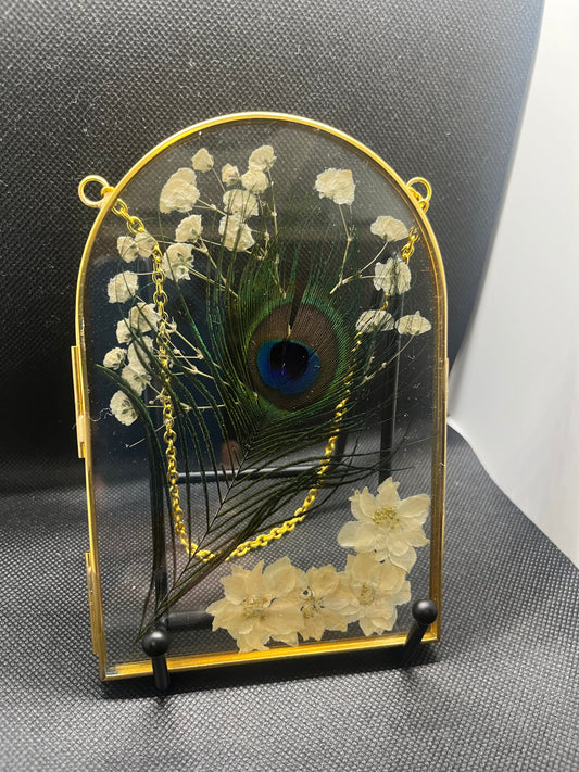 White floral with peacock feather
